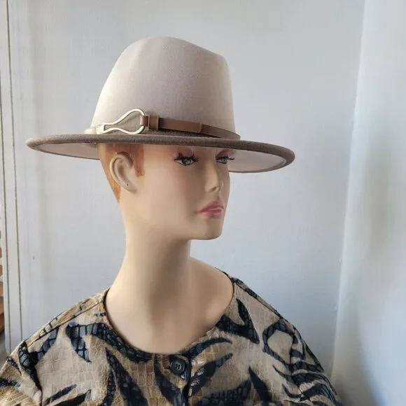 Chic Two-Tone Fedora Hat w/Faux Leather Band with Gold Metal Loop Detail - Picture 9 of 10